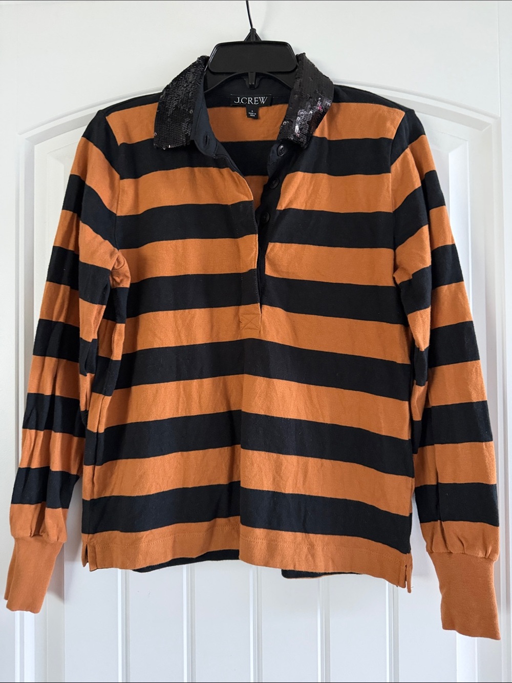 J. Crew Women’s Rust and Black Striped Rugby Polo with Sequin Collar